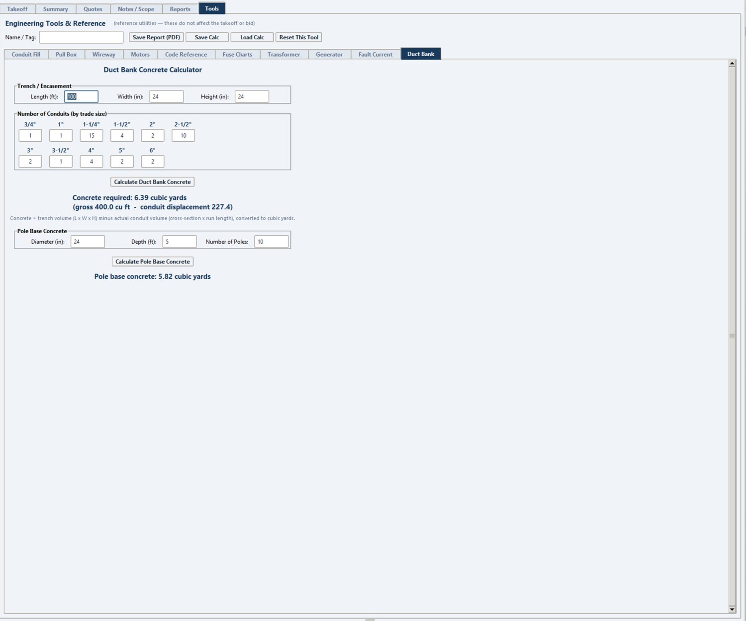 Duct bank concrete calculator inside Stinger Pro