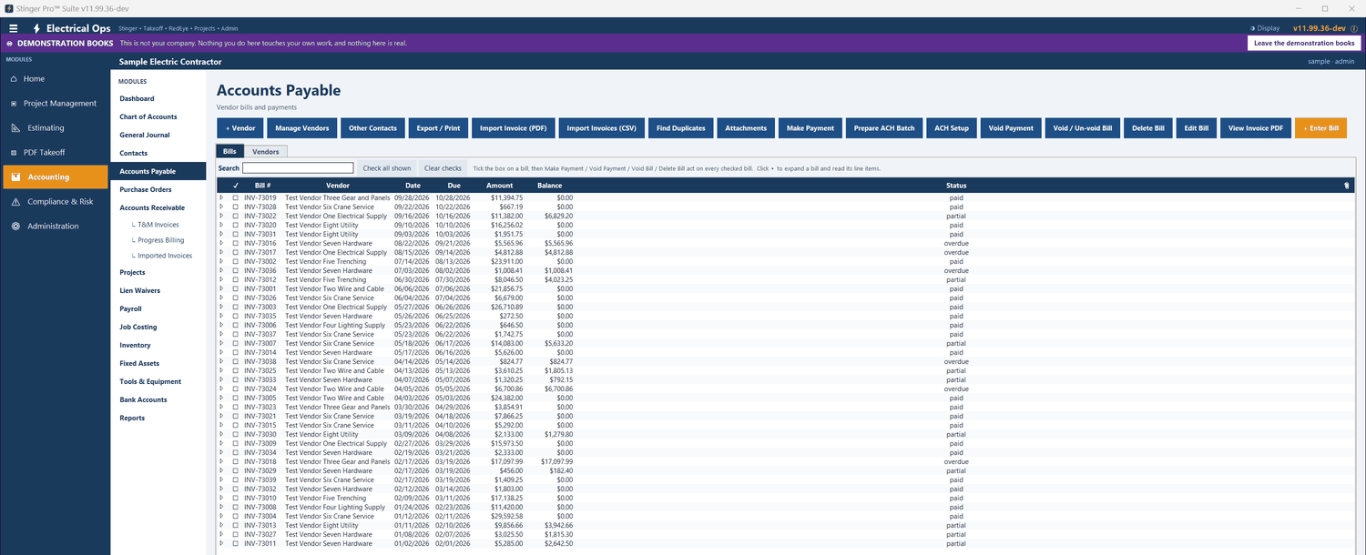 Stinger Pro screen: Accounts Payable: vendor bills with their dates, due dates, amounts, balances and status, and the actions — enter, import from PDF or CSV, find duplicates, pay, prepare an ACH batch.