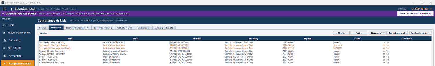 Stinger Pro screen: Insurance: each certificate and policy with its holder, number, carrier, expiry and status — current, due soon or expired.