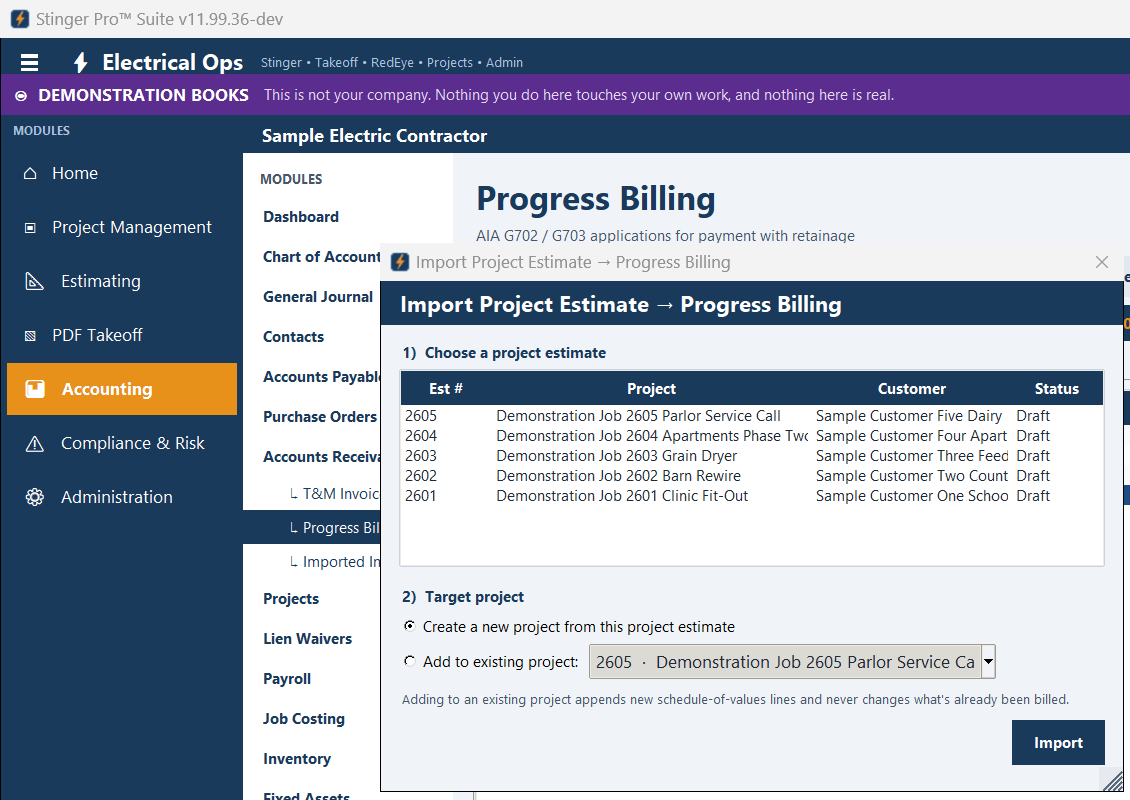 Stinger Pro screen: Import Project Estimate → Progress Billing: choose an estimate, then a new project or an existing one.