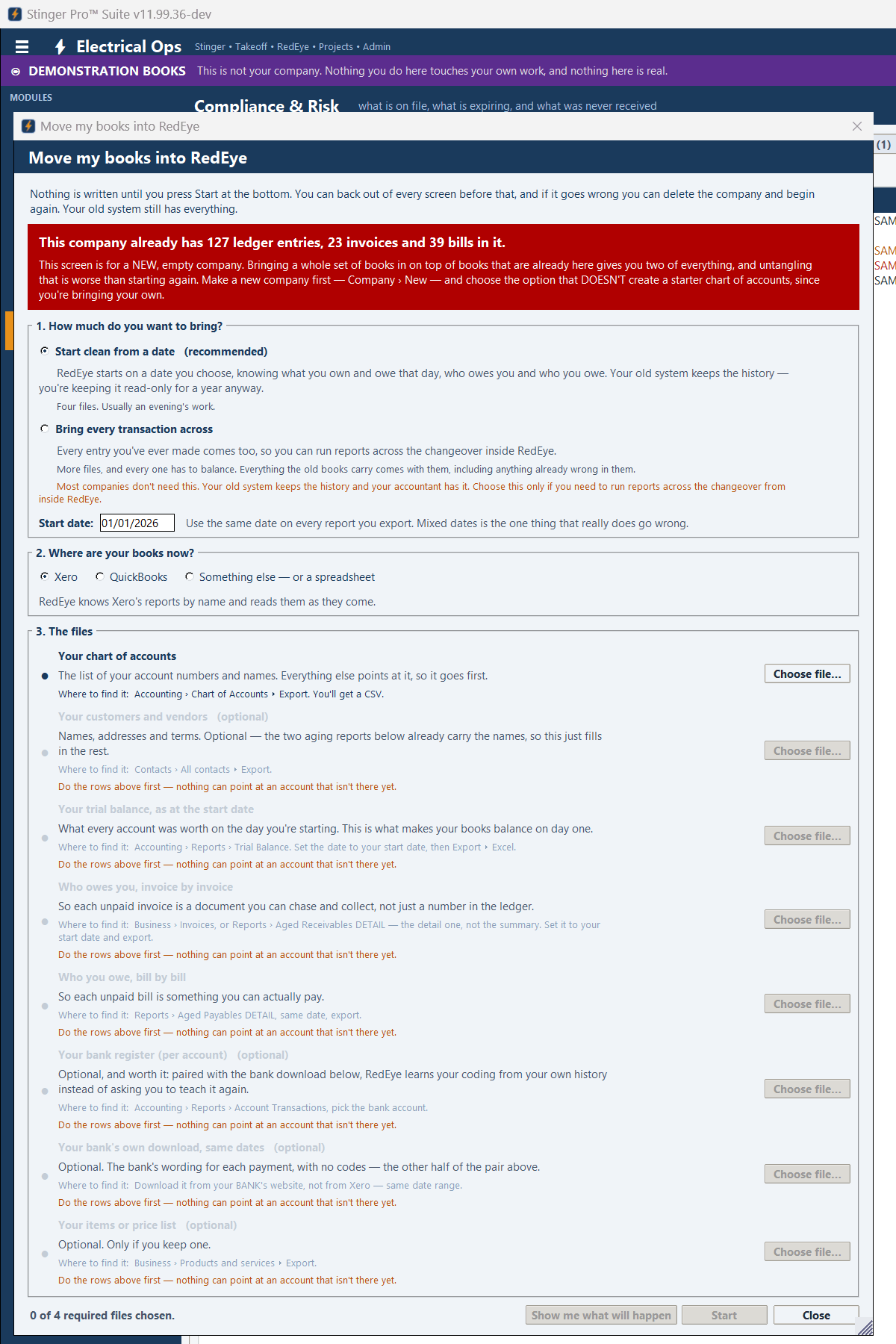 Stinger Pro screen: The migration screen: how much to bring, where the books are now, and the files in order. It warns first when the company already has entries in it; nothing is written until Start.