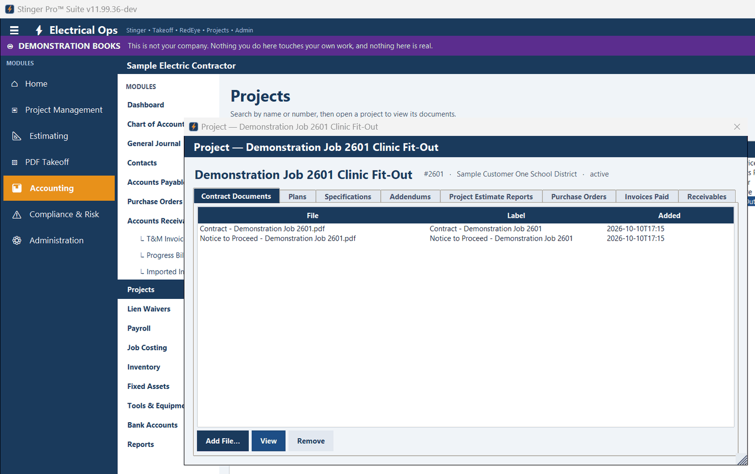 Stinger Pro screen: Project — job 2601, Clinic Fit-Out: the contract and the notice to proceed under Contract Documents, with View, Add File… and Remove.