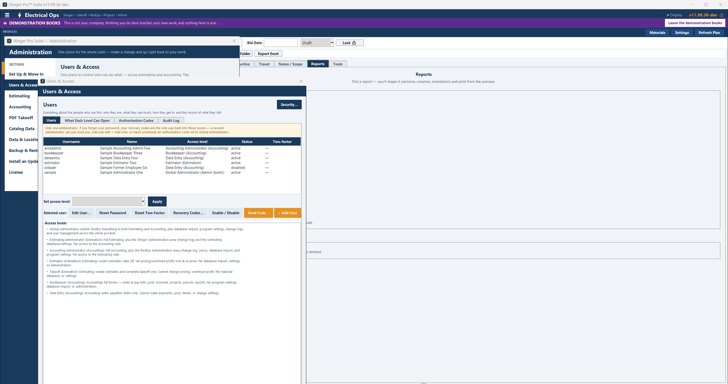 Stinger Pro screen: Users & Access: six users with their access levels — global administrator, accounting administrator, bookkeeper, data entry, estimator — one disabled, and what each level may do.