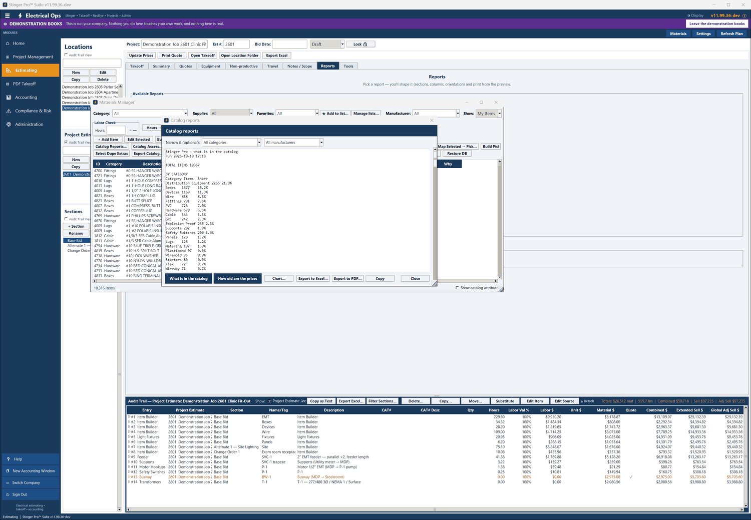 Stinger Pro screen: Catalog reports: what is in the catalog, by category, with each category’s share.