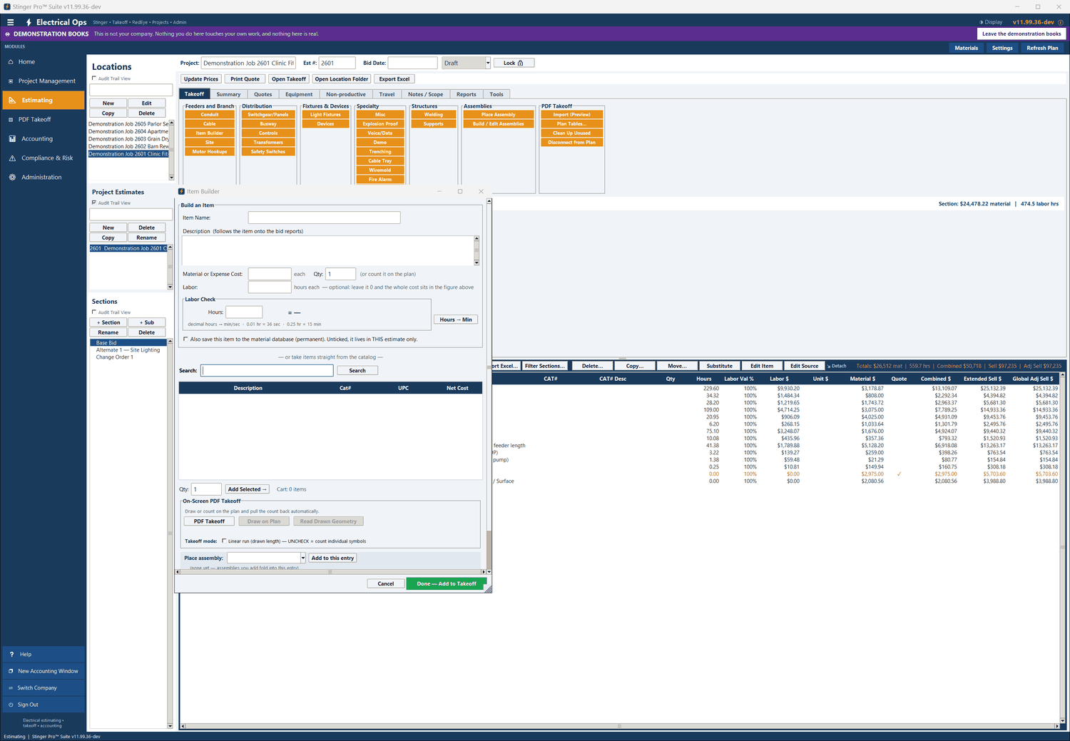 Stinger Pro screen: Item Builder: a part the catalog does not carry, with its cost, quantity (or a count from the plan) and labor.