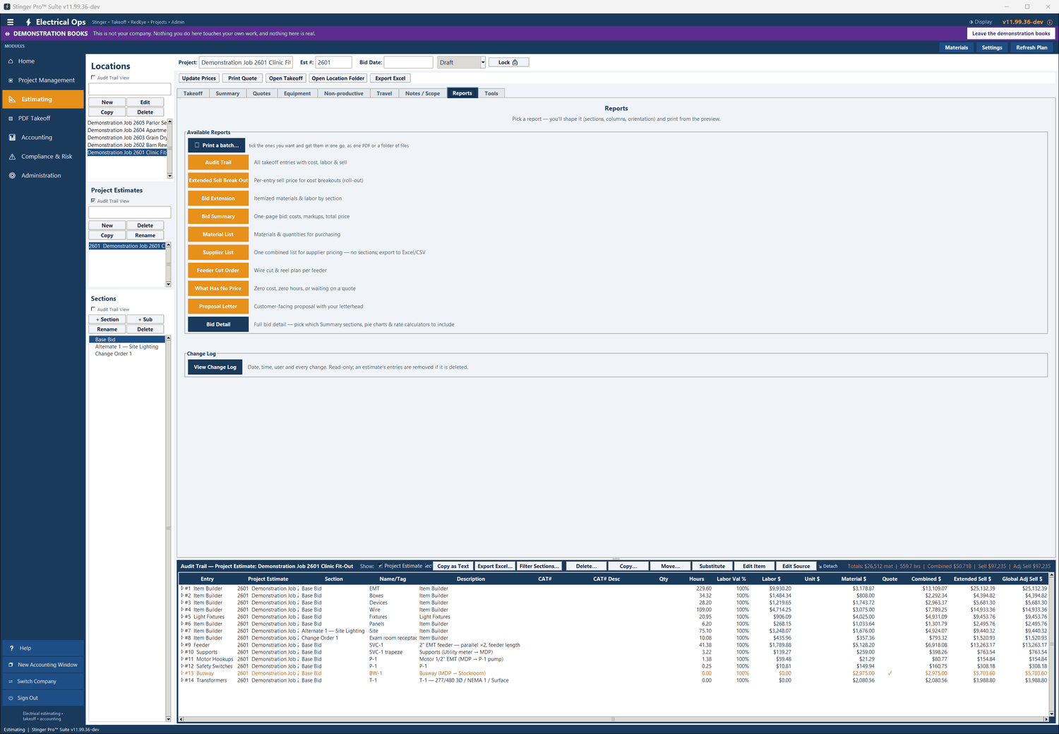 Stinger Pro screen: The Reports tab: Audit Trail, Extended Sell Break Out, Bid Extension, Bid Summary, Material List, Supplier List, Feeder Cut Order, What Has No Price, Proposal Letter and Bid Detail, and the Change Log.