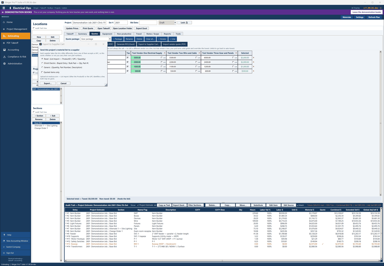 Stinger Pro screen: Export to Supplier Cart: the project’s material list for Rexel or Elliott Electric, or as a generic list of quantity, part number and description.
