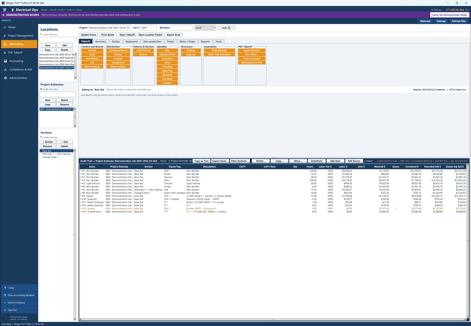 Stinger Pro screen: The estimate for 2601: the takeoff modules across the top and the Audit Trail below — fourteen entries, each with its section, name or tag, hours, labor, material, combined cost and extended sell; the totals line reads $26,512 material, 559.7 hours, sell $97,235.