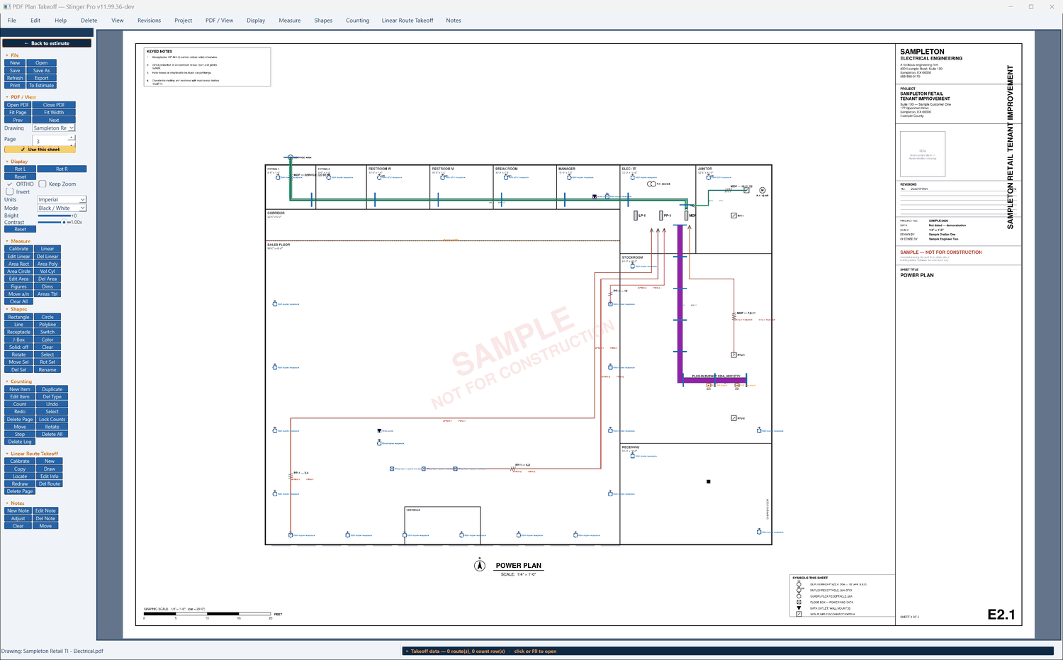 Stinger Pro screen: Sheet E2.1, the power plan at 1/4″ = 1′-0″: the homeruns to PP-1 and the MDP, the service in two parallel conduits on a trapeze (green), a plug-in busway (purple) and a pump circuit, each drawn on the plan.