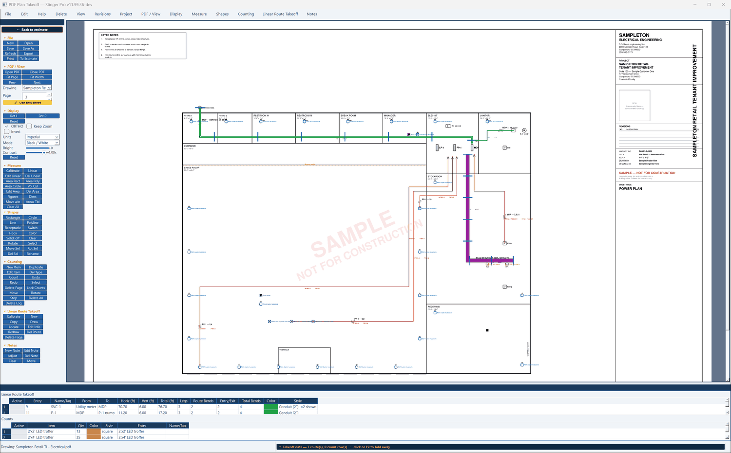 Stinger Pro screen: The takeoff data under the sheet: entry 9, SVC-1, 70.70 ft across plus 6.00 ft vertical, 76.70 ft, four bends, two conduits shown; entry 11, P-1, 17.20 ft.