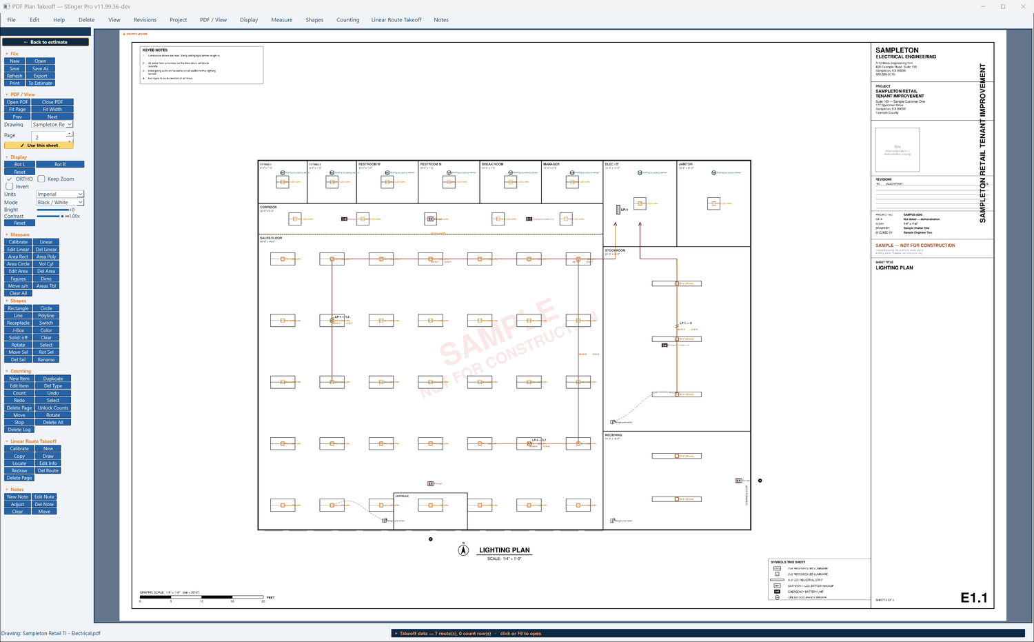 Stinger Pro screen: Sheet E1.1, the lighting plan: every luminaire counted with an orange mark, the homeruns to LP-1, and the sheet’s counts locked.
