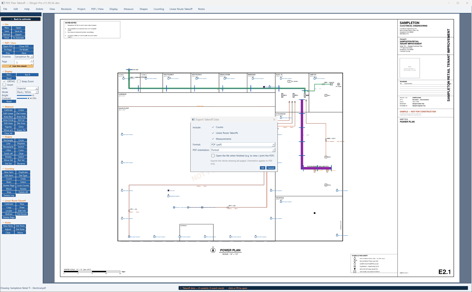 Stinger Pro screen: Export Takeoff Data: counts, linear route takeoffs and measurements, as PDF, portrait or landscape.
