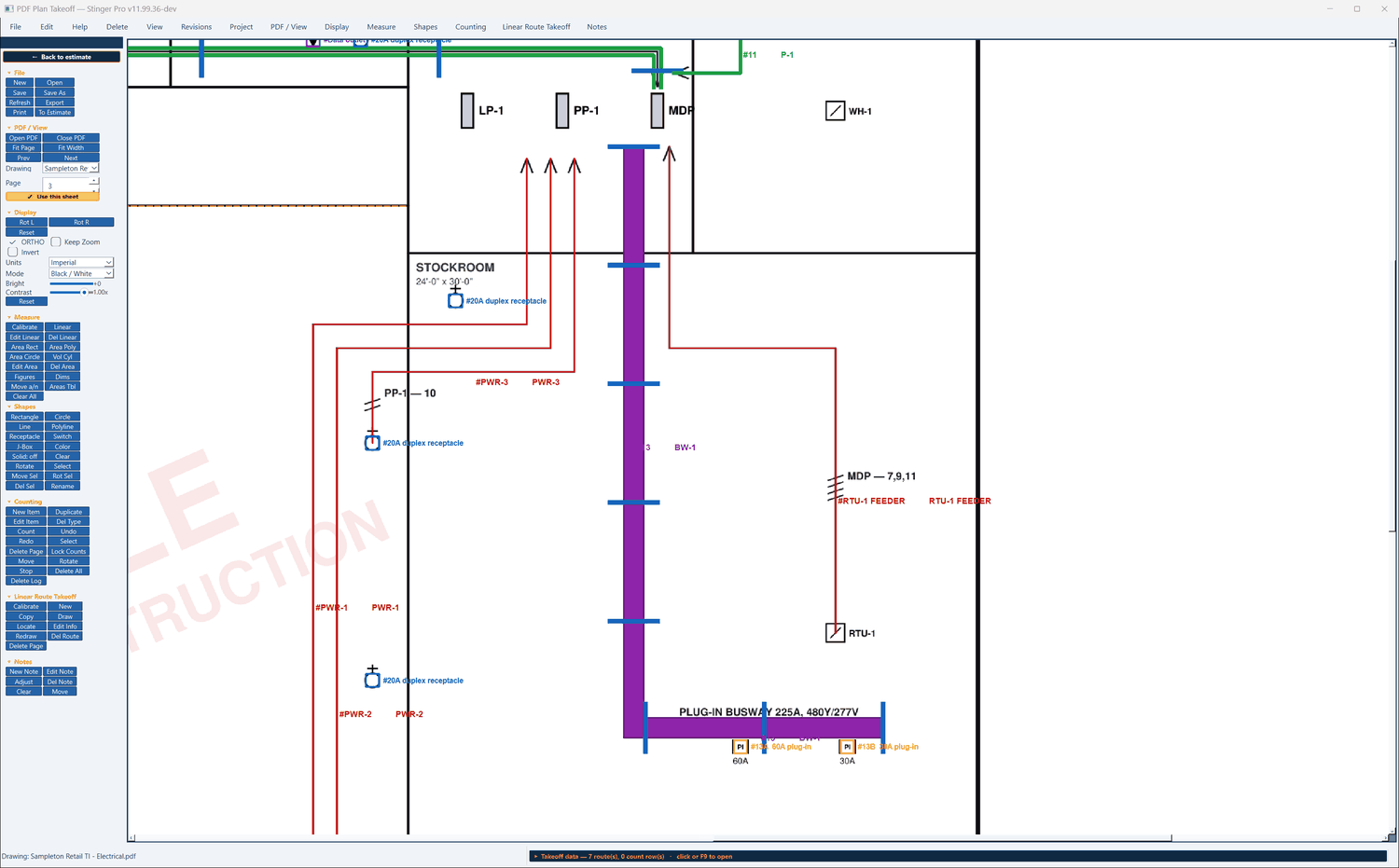 Stinger Pro screen: Entry 13, BW-1: a 225 A plug-in busway drawn at its real width from the MDP down the stockroom and across it, its hangers drawn along it, and two plug-in units counted on the plan as 13A (60 A) and 13B (30 A).