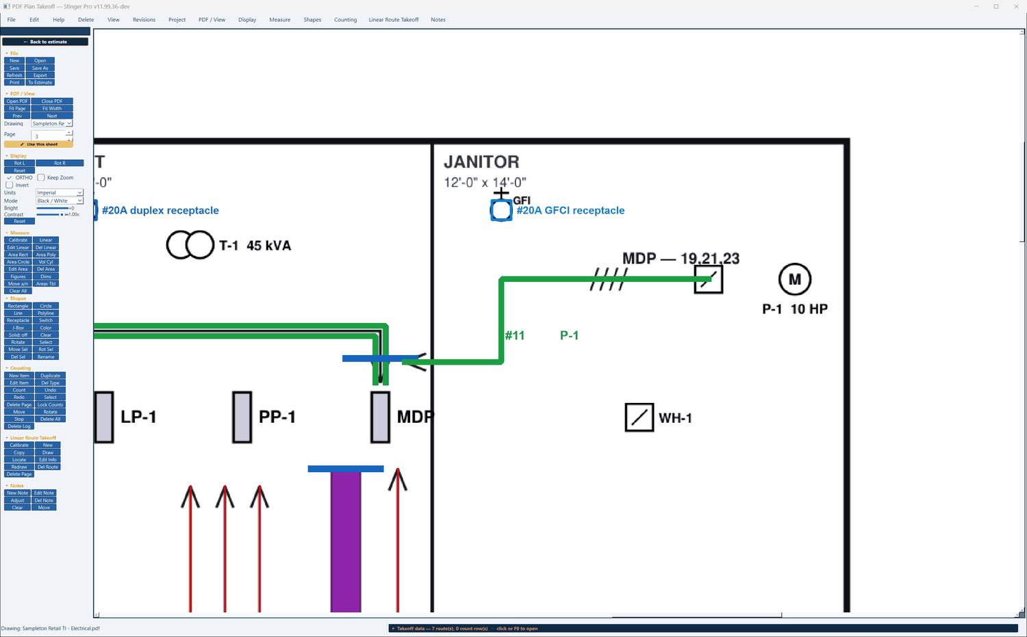 Stinger Pro screen: Entry 11 on the plan: the pump circuit from the MDP to the disconnect in sight of the motor, P-1, 10 hp.