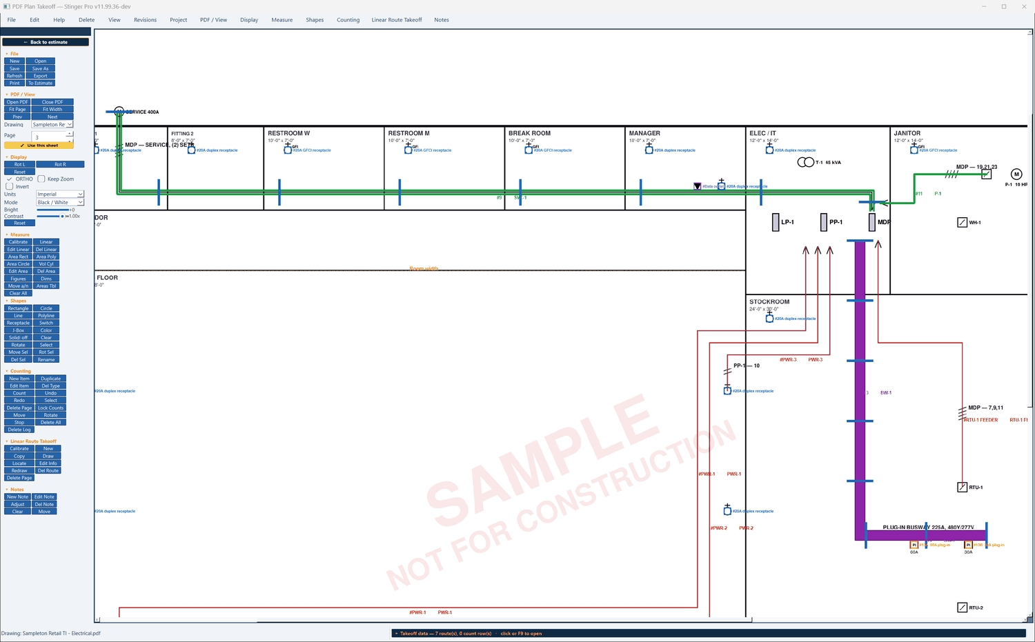 Stinger Pro screen: On the plan: entry 9, SVC-1, two conduits on a trapeze from the meter on the north wall into the MDP; entry 13, the busway; entry 11, the pump circuit.