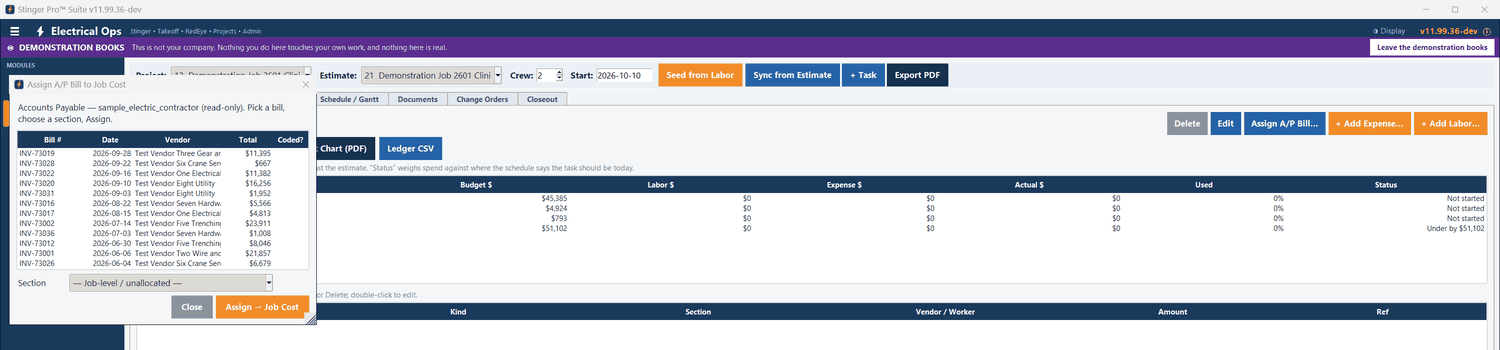 Stinger Pro screen: Assign A/P Bill to Job Cost: the accounting bills, read-only. Pick a bill and a section, then Assign → Job Cost.