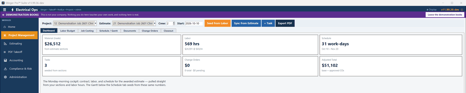 Stinger Pro screen: The Dashboard for job 2601: material $26,512 from the estimate’s sections; 569 labor hours; 31 work-days from October 10 to November 20; three tasks seeded from the sections; the adjusted total of $51,102.