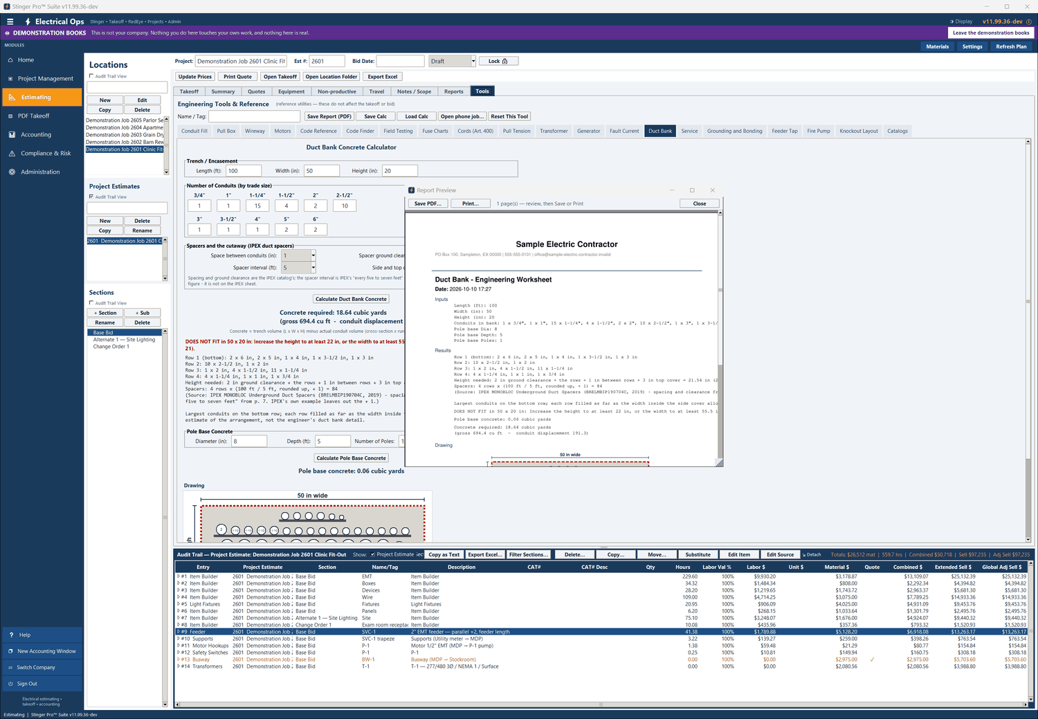 Duct Bank in Stinger Pro: Save Report (PDF) opens the report as it will print, page by page, with Save PDF… and Print….