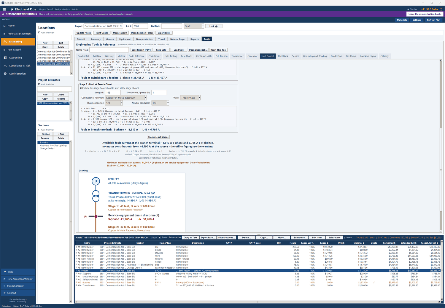 Fault Current in Stinger Pro: The summary and the line for the service disconnect marking: maximum available fault current 41,765 A, with the date of calculation [110.24(A)]. The drawing starts below it.