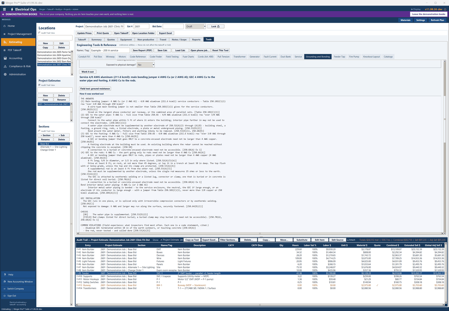 Grounding and Bonding in Stinger Pro: How it was worked out: each answer with its 2023 NEC section, the GEC installation rules, the checks and the common violations.