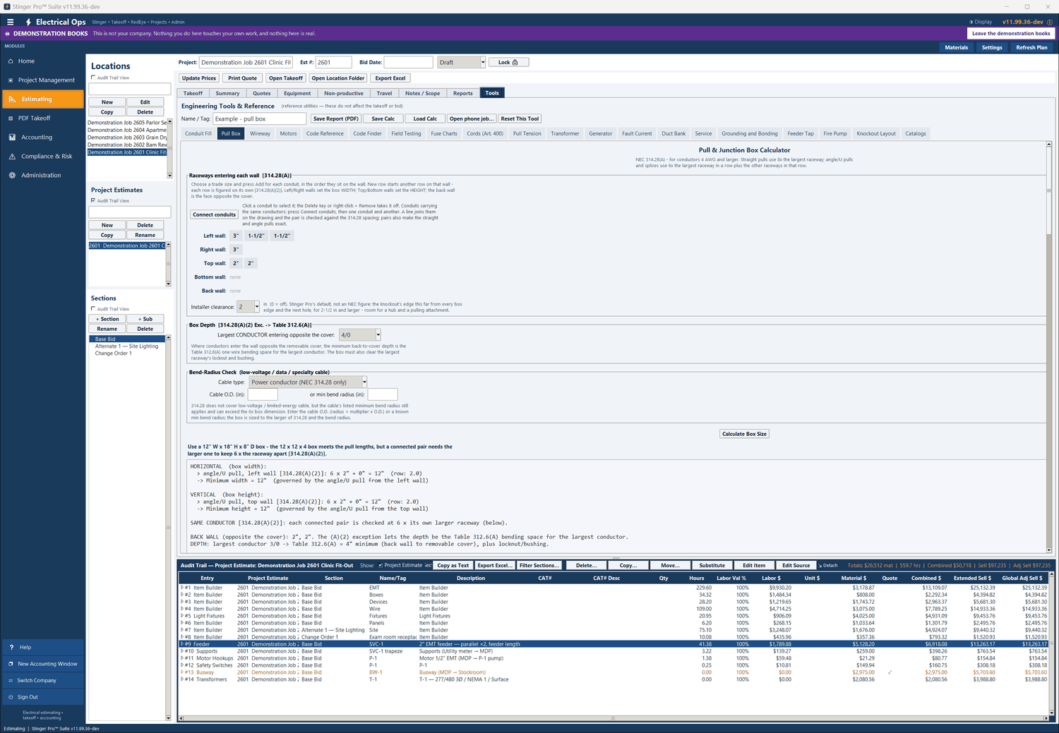 Pull Box in Stinger Pro: The example in, before it is worked out: 3, 1-1/2 and 1-1/2 in on the left wall, 3 in on the right, two 2 in on top, 4/0 the largest conductor.