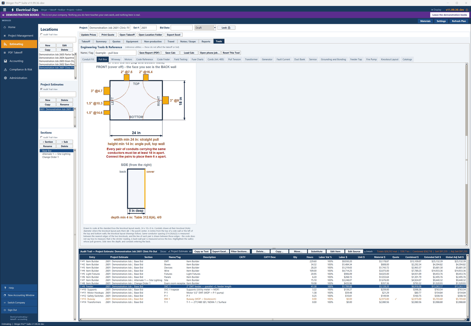 Pull Box in Stinger Pro: The front view to scale with each knockout where it goes, and the side view: 8 in deep against the 4 in Table 312.6(A) minimum for 4/0.