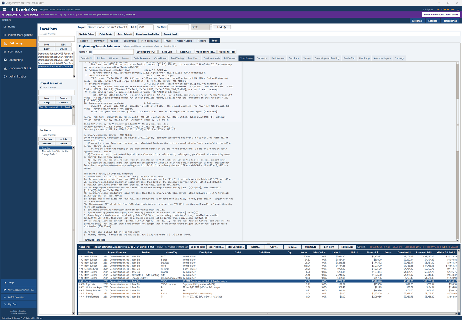 Transformer in Stinger Pro: Further down: the primary and secondary currents, each condition of 240.21(C)(2) checked, and the chart’s notes in 2023 NEC numbering.