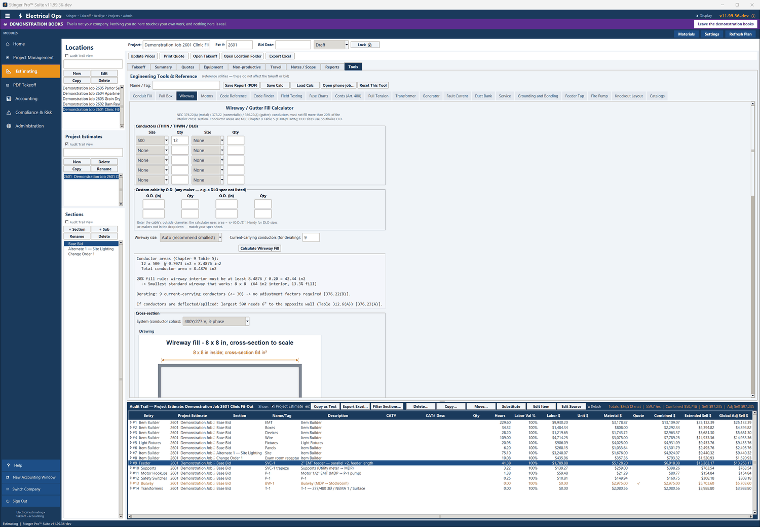 Wireway in Stinger Pro: Worked out: 8.4876 sq in of conductor needs 42.44 sq in at 20%, so the smallest standard wireway is 8 x 8, 64 sq in, 13.3% fill.
