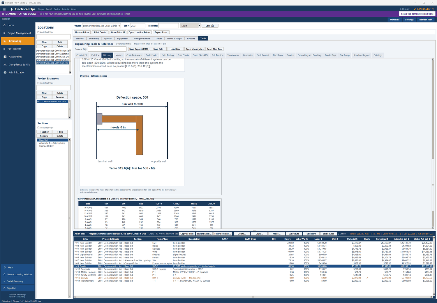 Wireway in Stinger Pro: The deflection space: 500 kcmil needs 6 in to the opposite wall by Table 312.6(A); the wireway gives 8 in.