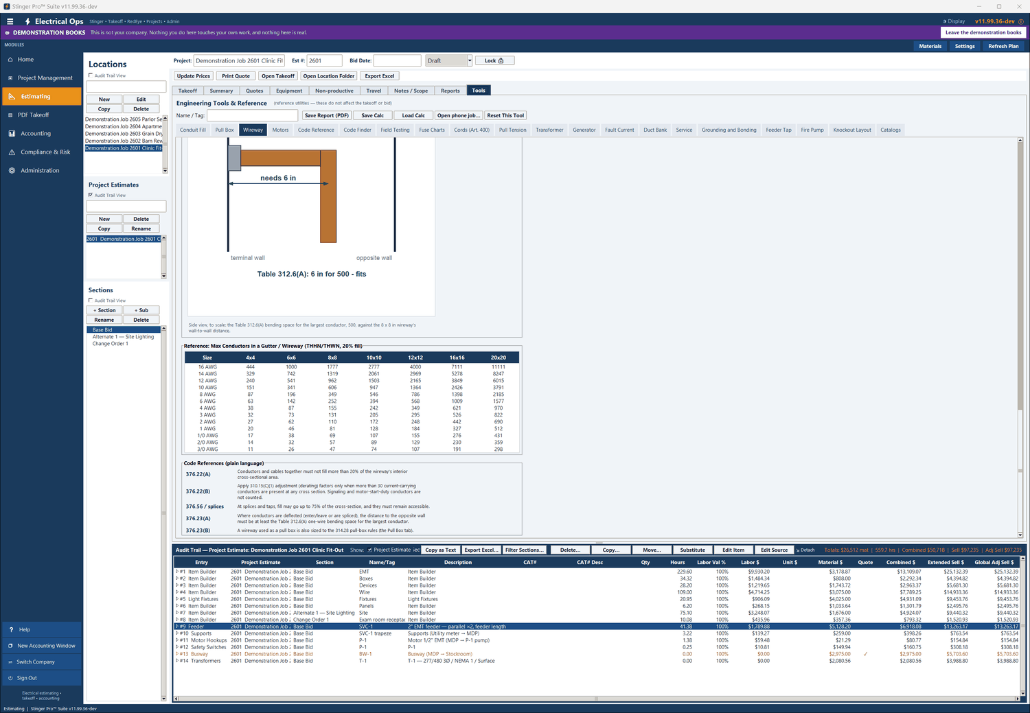 Wireway in Stinger Pro: The reference table of the most conductors per wireway size at 20% fill, and the code references in plain language.