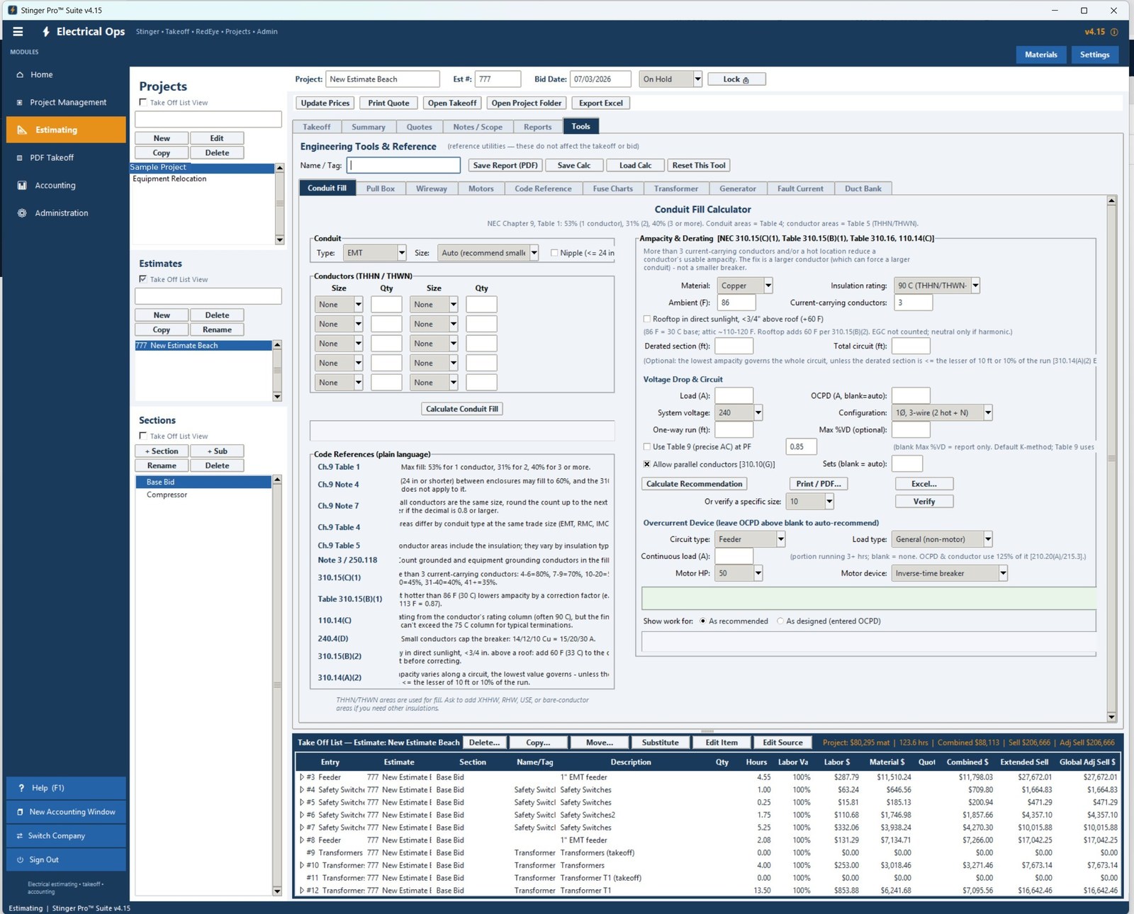 Engineering tools — conduit fill calculator inside the estimate