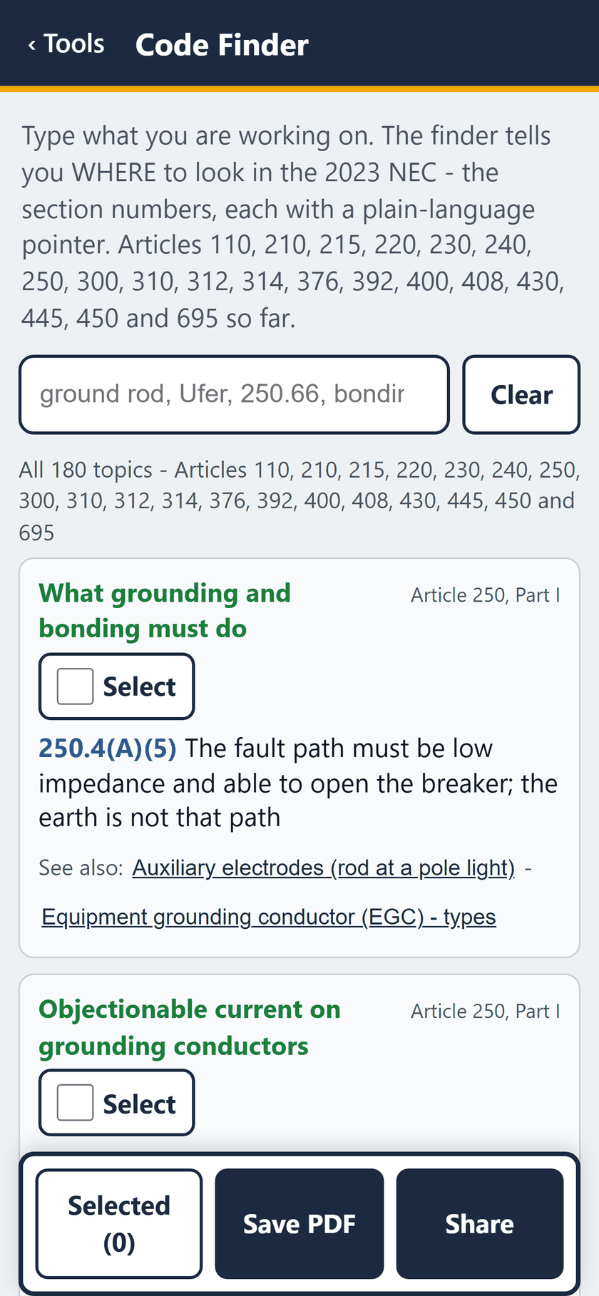 Code Finder screen: Code Finder opens on all 180 topics, Articles 110 to 695 of the 2023 NEC, each with a Select tick.