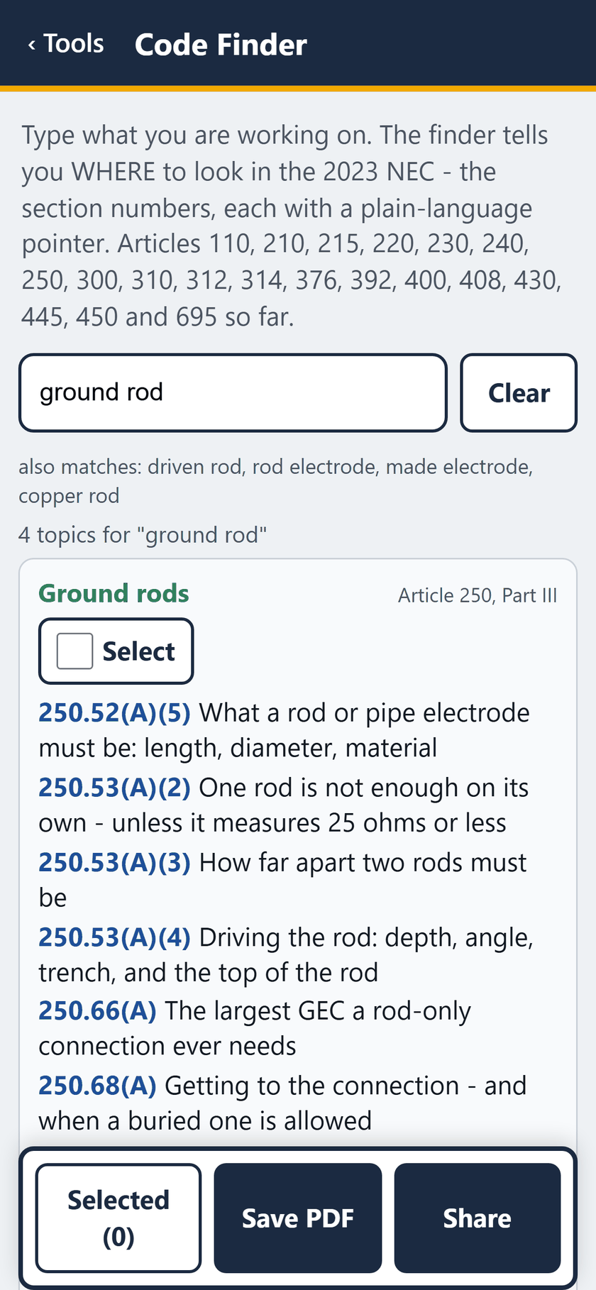 Code Finder screen: Type ground rod: 4 topics. Ground rods, Article 250, Part III, with each section and a one-line pointer.