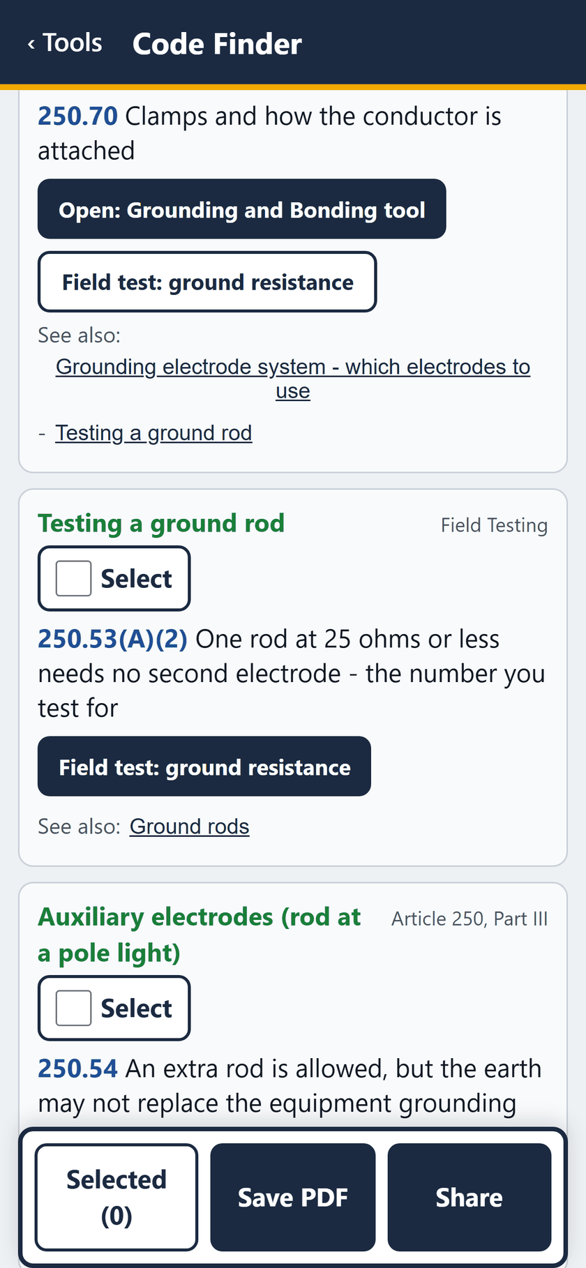 Code Finder screen: Buttons to the Grounding and Bonding tool and the ground resistance field test. Then Testing a ground rod: 25 ohms or less.