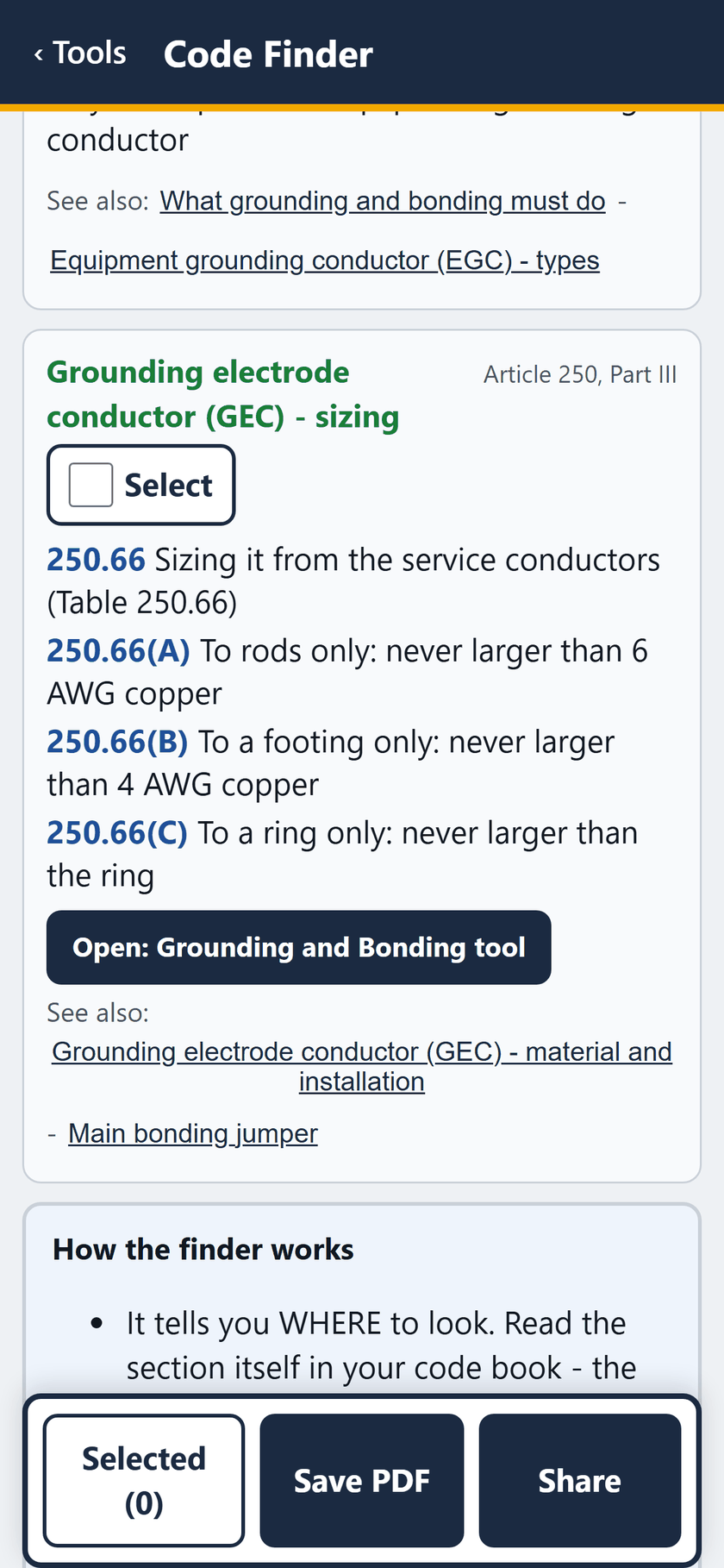 Code Finder screen: Grounding electrode conductor sizing: 250.66, and to rods only never larger than 6 AWG copper.