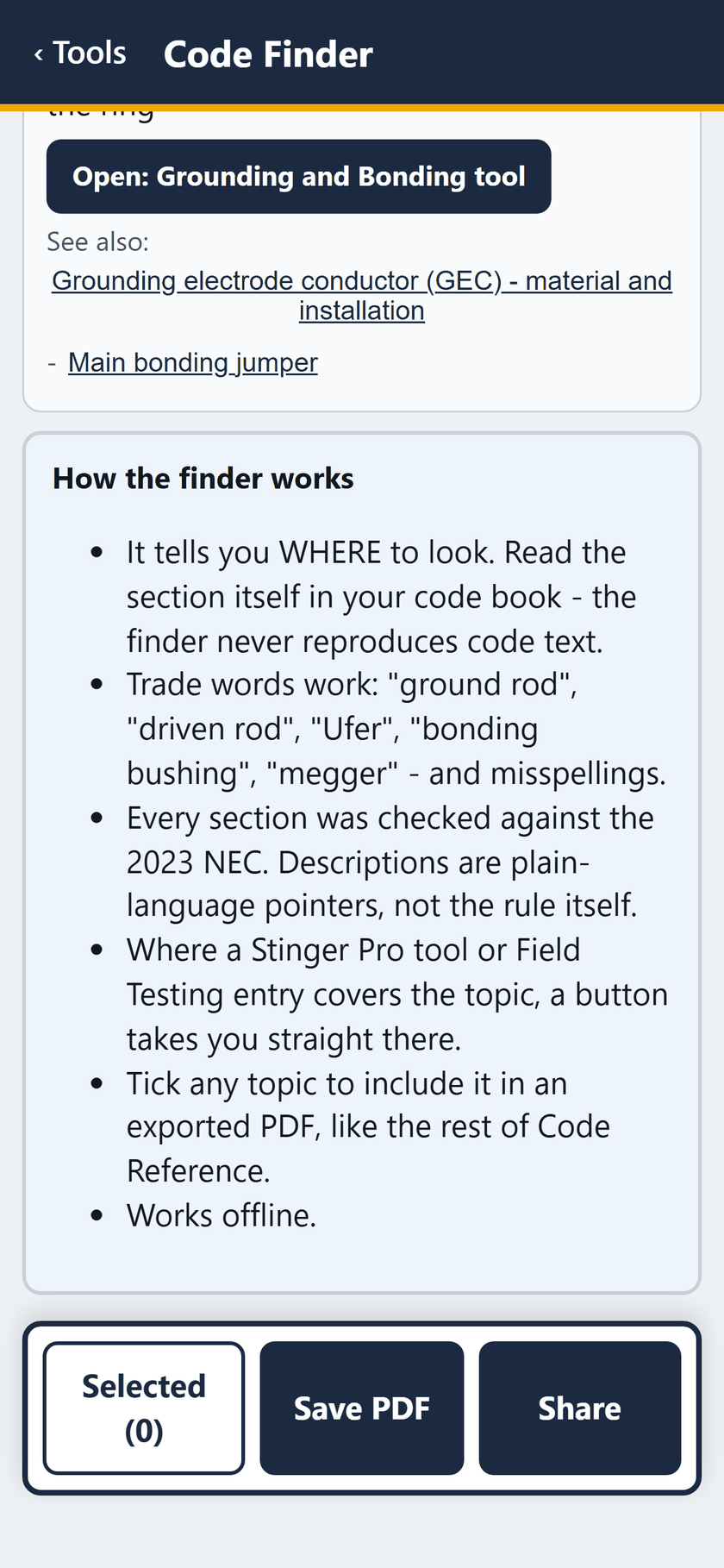 Code Finder screen: How the finder works: it tells you where to look, and trade words and misspellings work.