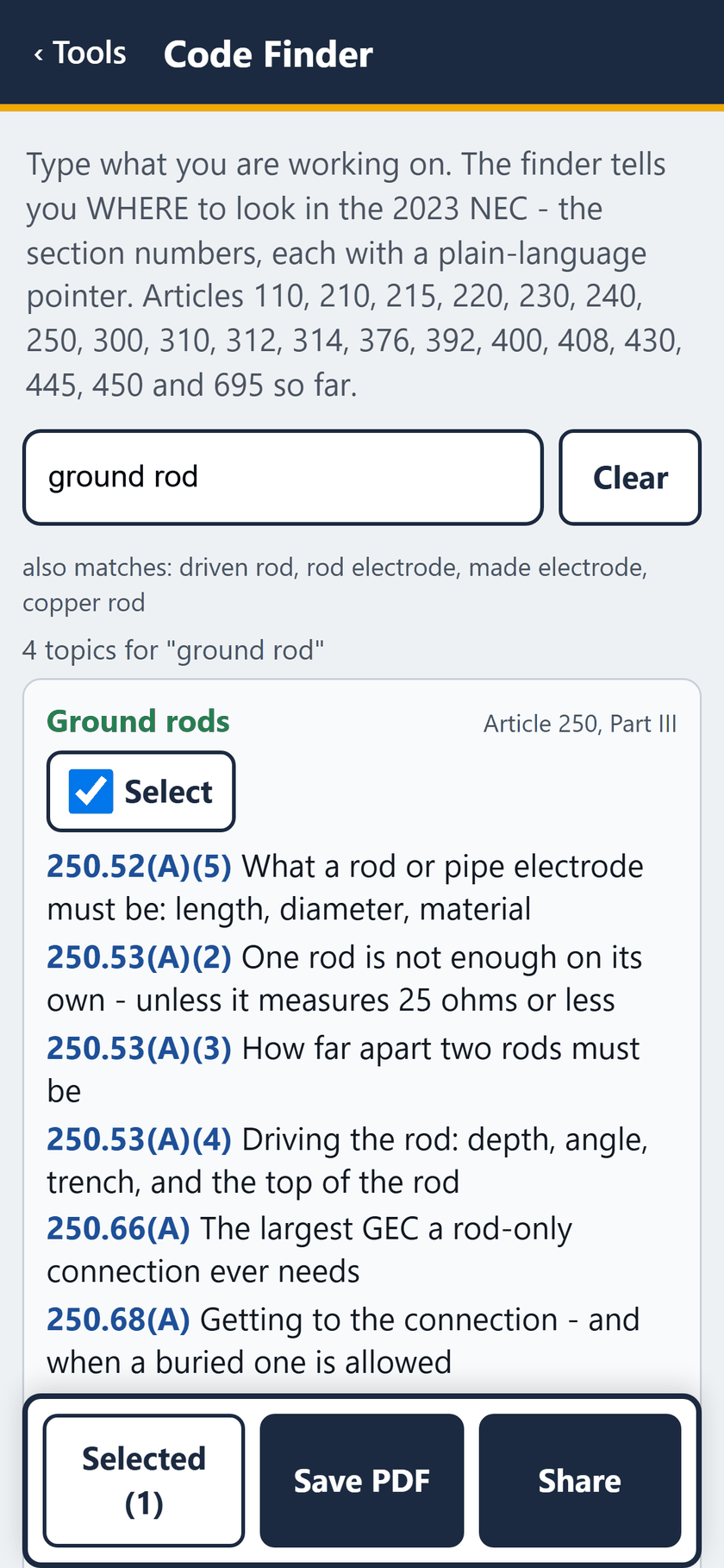 Code Finder screen: Ground rods ticked: Selected (1).