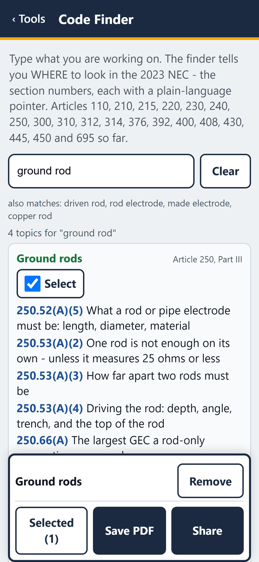 Code Finder screen: The Selected list opened: Ground rods, with Remove. Save PDF or Share.