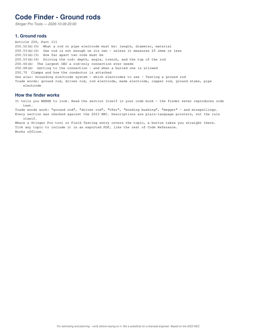 Page 1 of the PDF report: The PDF, page 1: Ground rods, each section with its pointer, see also and trade words, then how the finder works.