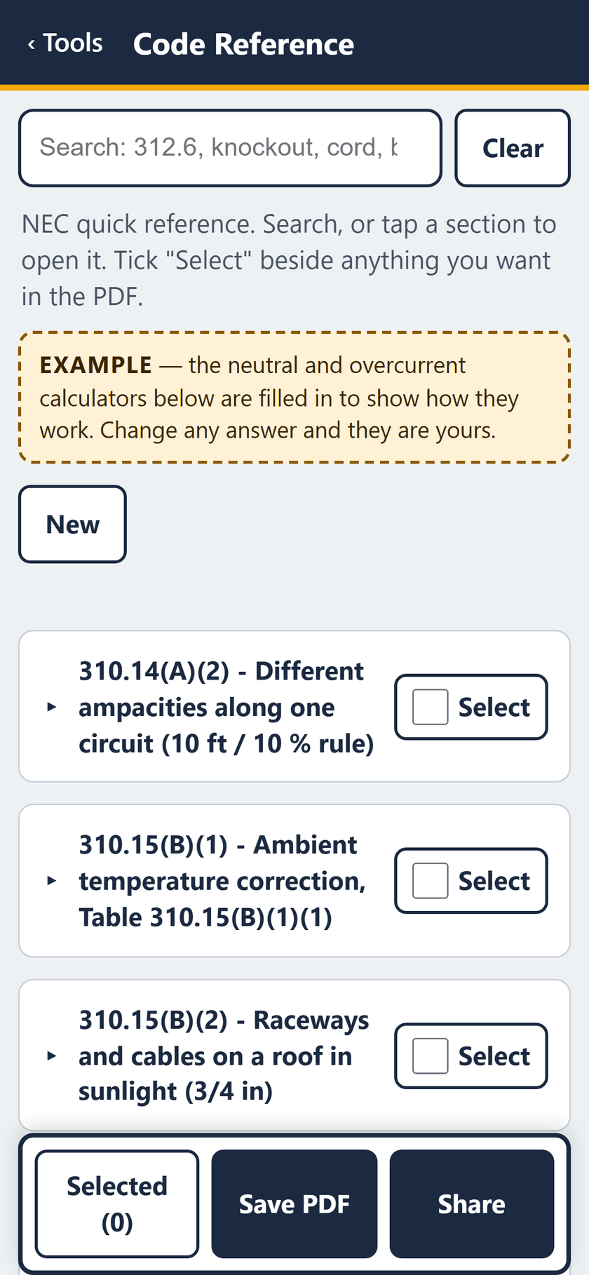 Code Reference screen: The example opens filled in: the neutral and overcurrent calculators. Search first, then each entry with its Select tick.