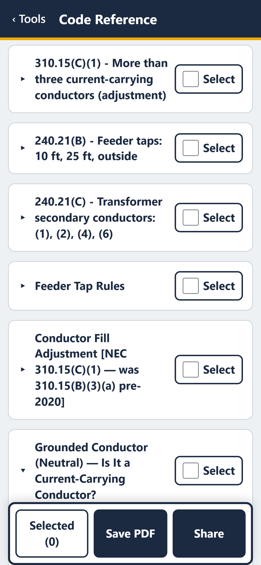 Code Reference screen: More entries: 310.15(C)(1), 240.21(B) feeder taps, 240.21(C), Feeder Tap Rules, fill adjustment, and the neutral.