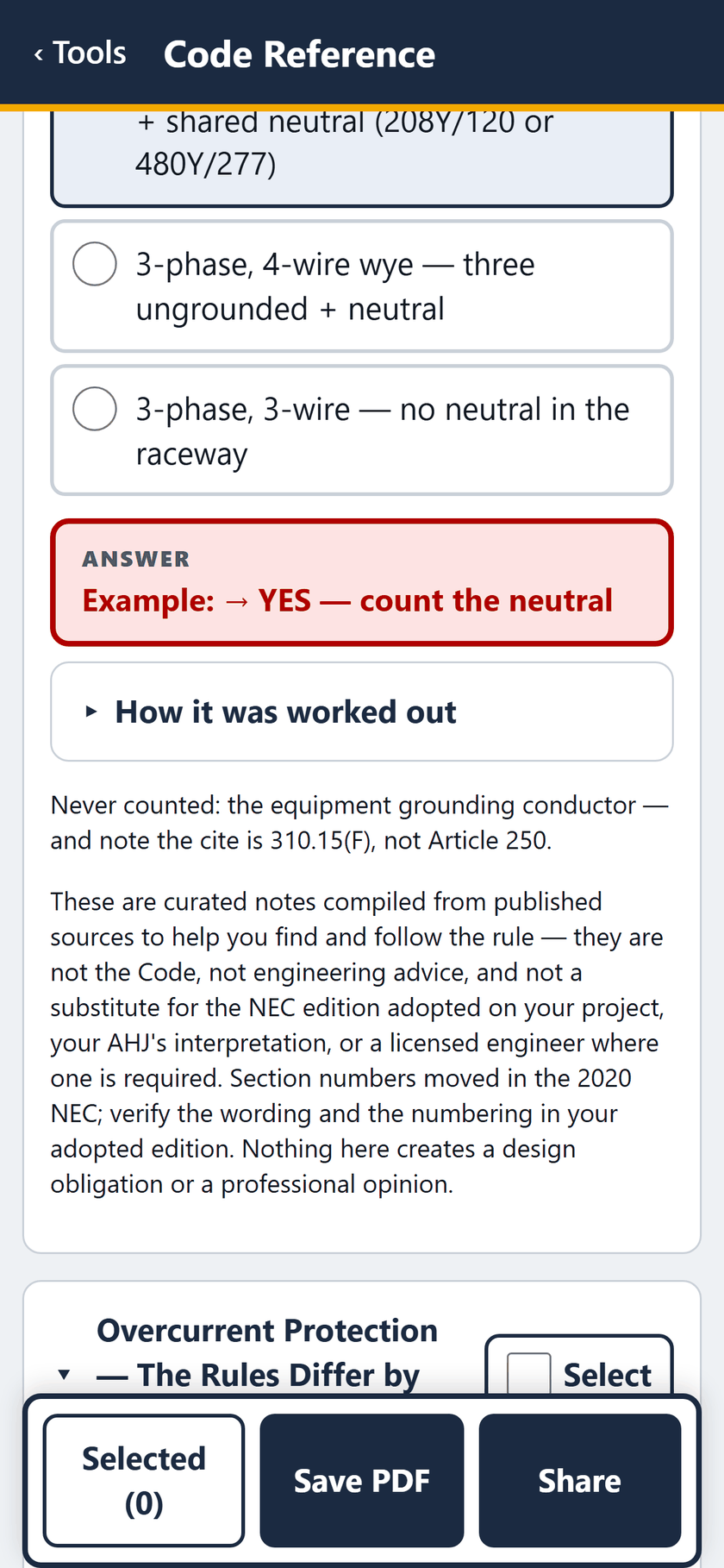 Code Reference screen: The neutral answer: YES, count the neutral. The equipment grounding conductor is never counted, 310.15(F).