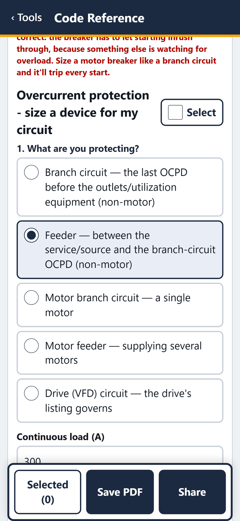 Code Reference screen: Overcurrent protection, size a device for my circuit: feeder, 300 A continuous load.