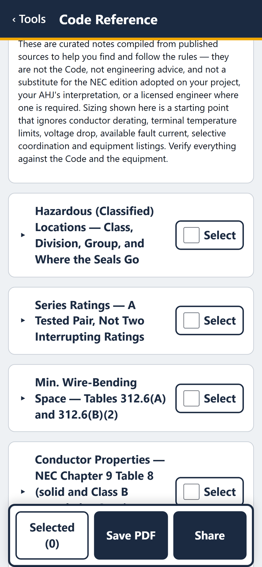 Code Reference screen: Hazardous locations, series ratings, wire-bending space Tables 312.6(A) and (B)(2), and Chapter 9 Table 8.