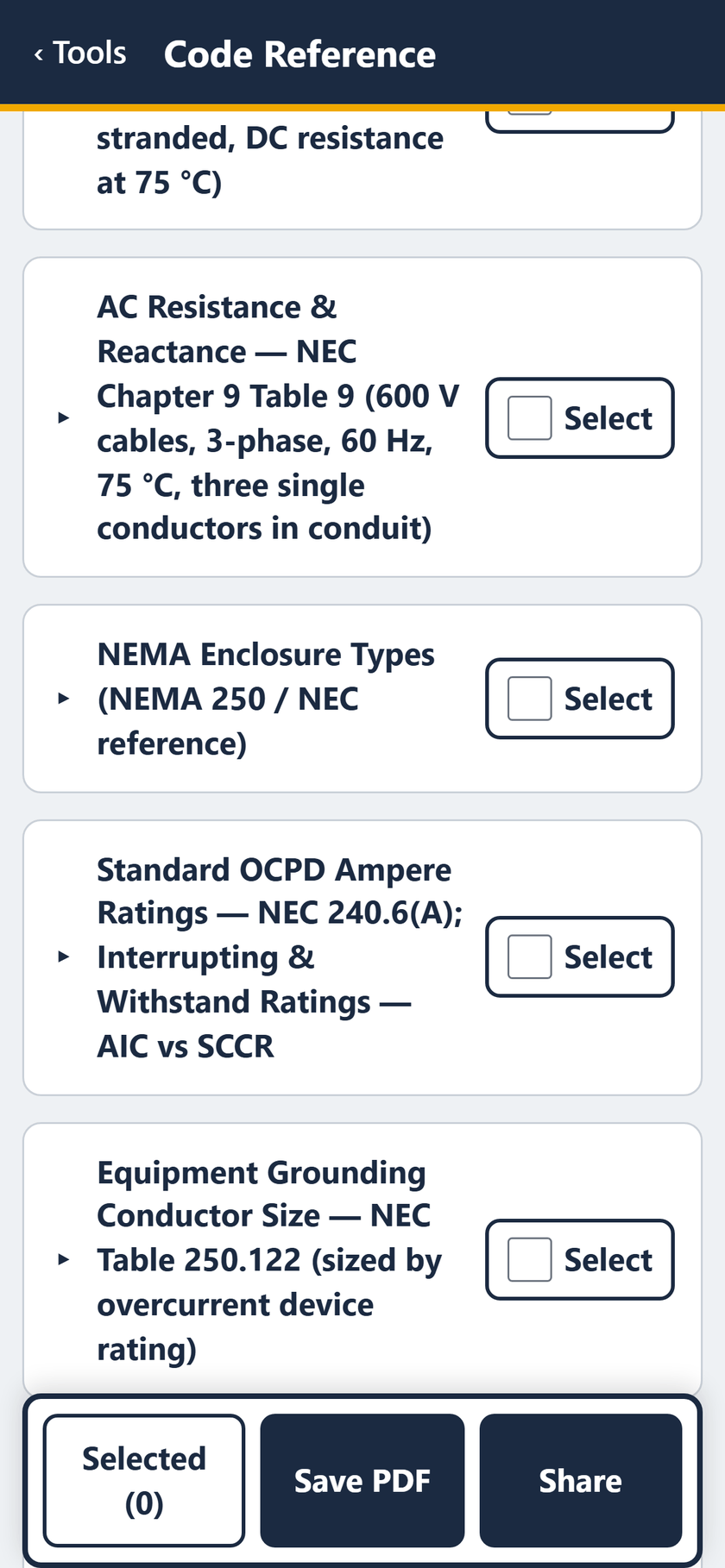 Code Reference screen: Chapter 9 Table 9, NEMA enclosure types, 240.6(A) standard ratings with AIC vs SCCR, and Table 250.122.