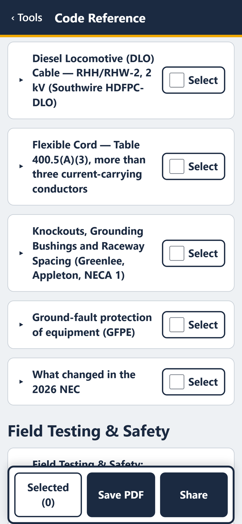 Code Reference screen: Southwire DLO cable, Table 400.5(A)(3), knockouts and spacing, GFPE, and what changed in the 2026 NEC.