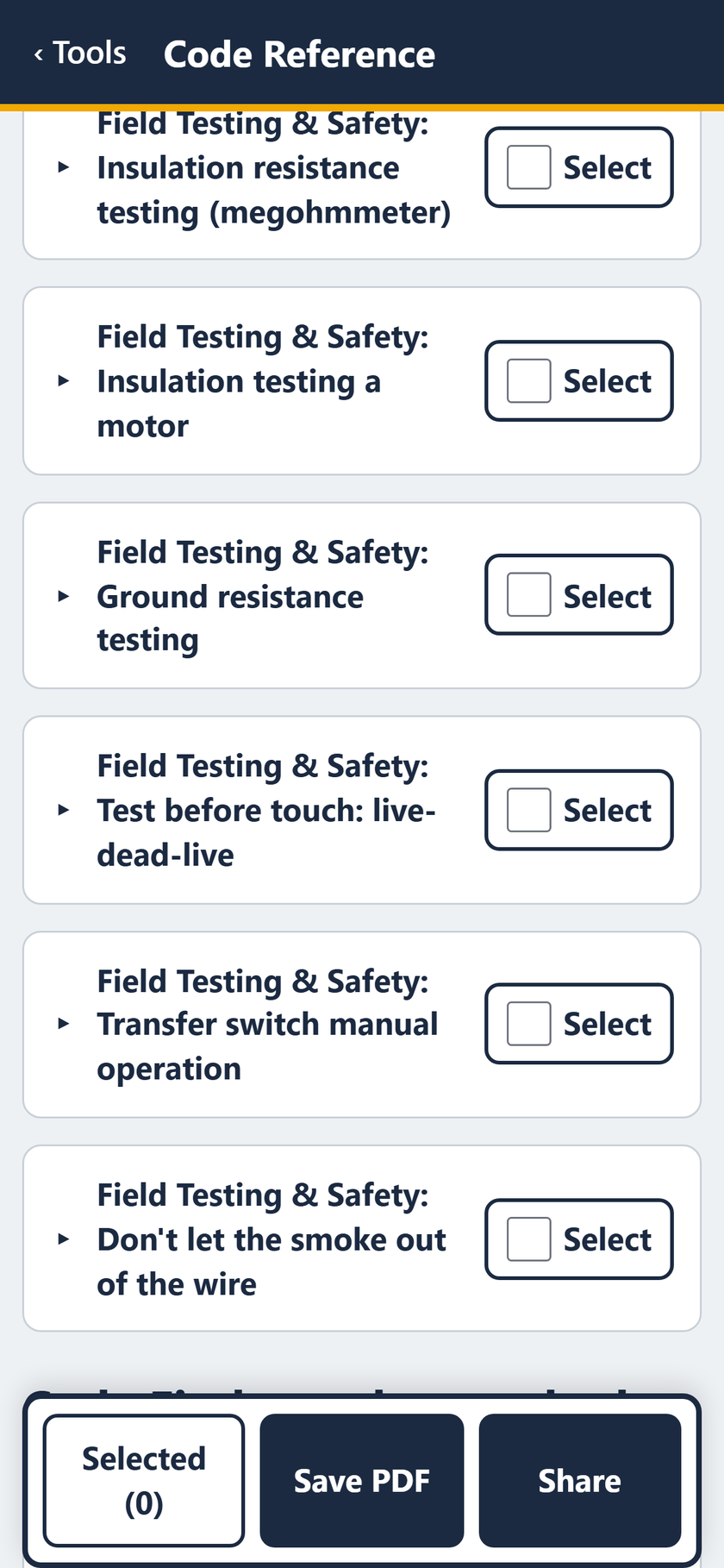 Code Reference screen: Field Testing & Safety: megohmmeter, motor insulation, ground resistance, live-dead-live, transfer switch, and more.