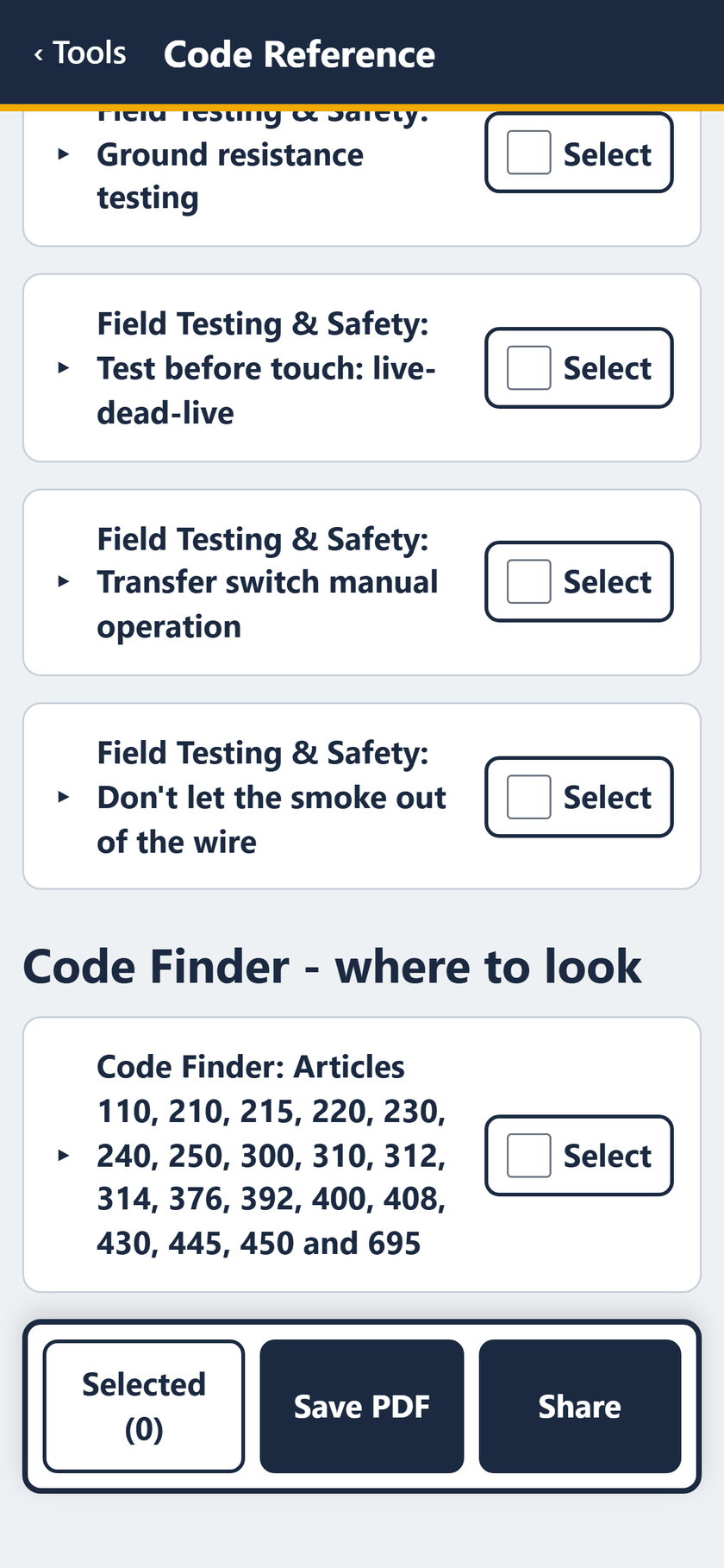 Code Reference screen: The end of the list: Code Finder, Articles 110 to 695, with its own Select tick.