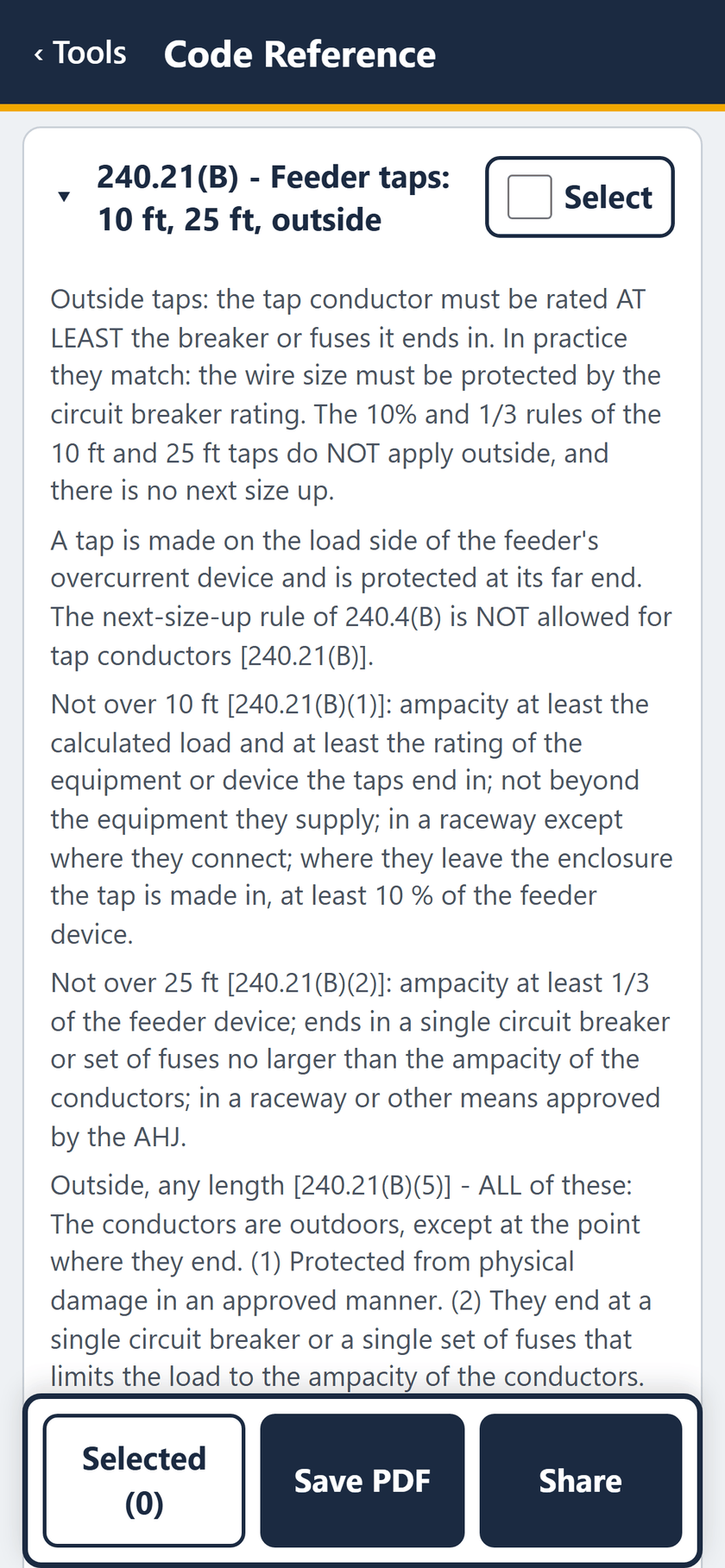 Code Reference screen: 240.21(B) opened: outside taps, no next size up, and the 10 ft, 25 ft and outside rules.