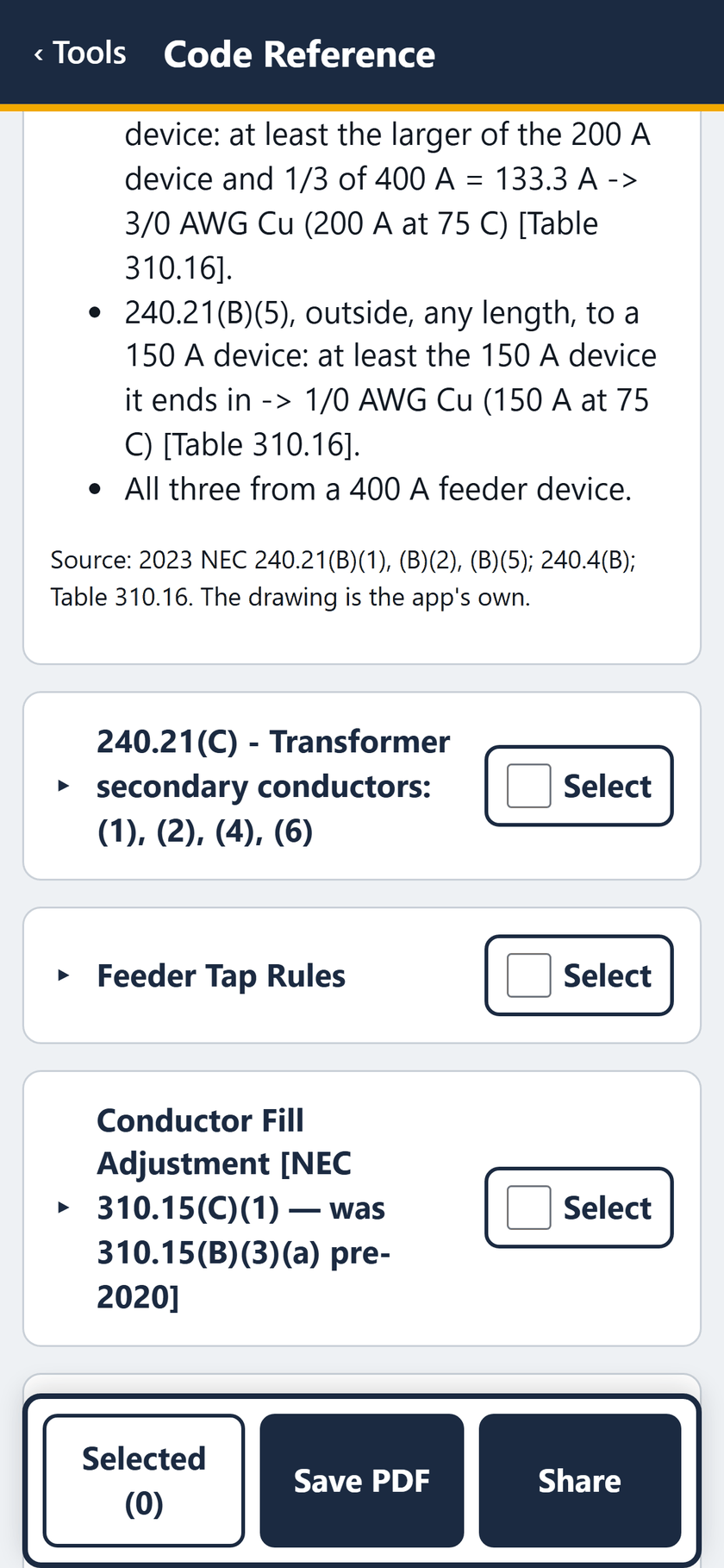 Code Reference screen: The worked example ends: all three from a 400 A feeder device, with the source, 2023 NEC.